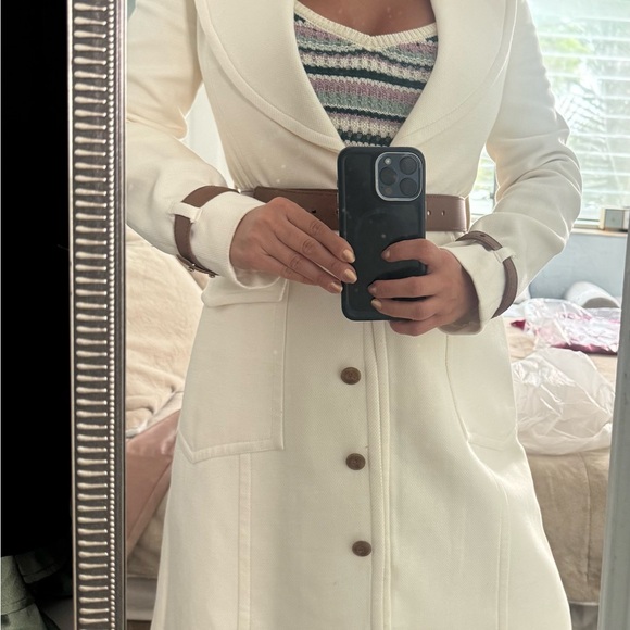 Mango Coat Trench style Cream Ivory Large Cotton Wool Mix (with brown belt) xs